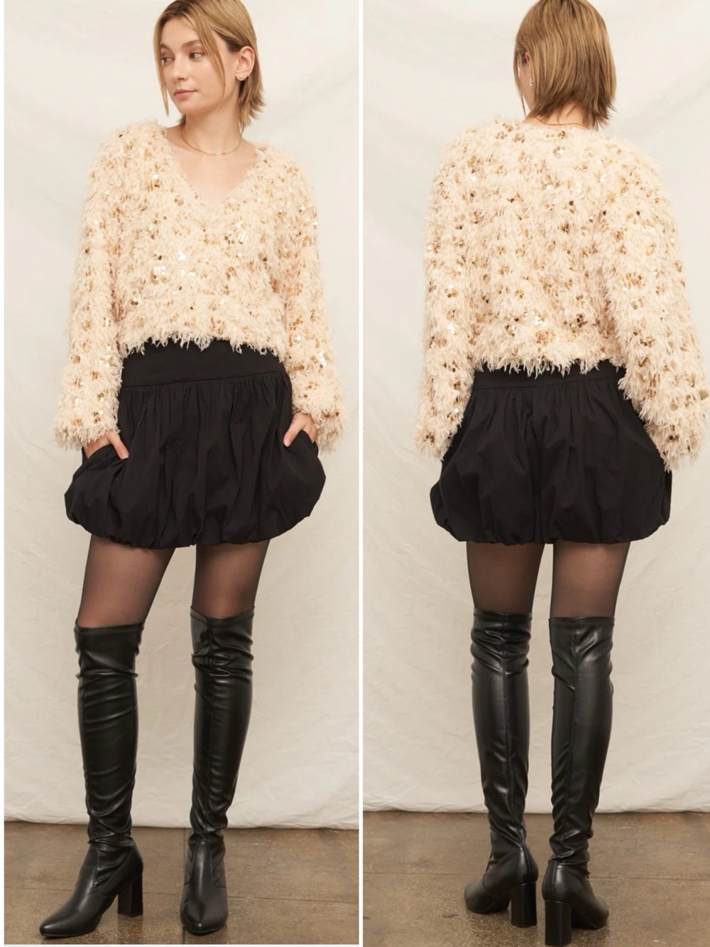 12TH TRIBE Women’s Size S Champagne Feather Sequin‎ V-Neck Cropped Sweater